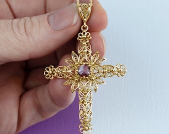 Amethyst Gemstone Gold Plated 925 Sterling Silver Boho Cross Pendant, Handmade Solid Silver Christian Religious Filigree Pendant Necklace