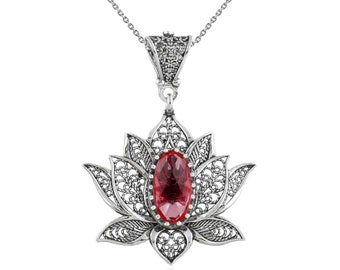 Lotusbloem robijn edelsteen 925 sterlingzilver filigraan kunst hanger ketting, smaragd - amethist - citrien - blauwe topaas bedelketting