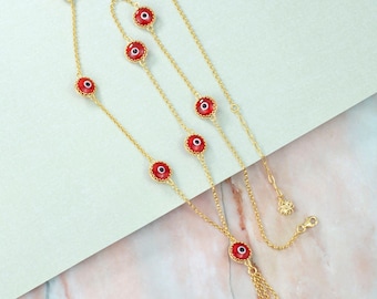 Gold Plated Sterling Silver Scarlet Red Evil Eye Women Tassel Necklace