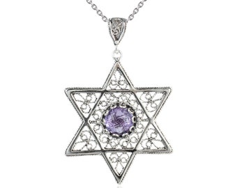 Amethyst Sterling Silver Star of David Pendant Necklace Handcrafted Filigree Creation Jewish Star Pendant Necklace with 20 " Chain