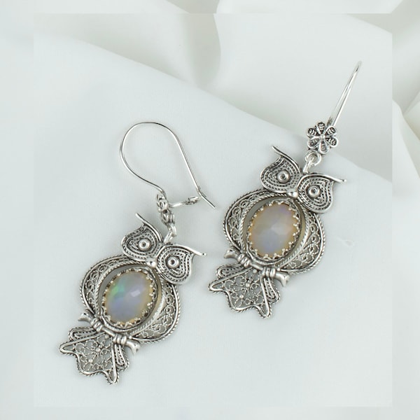 Opal Gemstone 925 Sterling Silver Owl Design Dangle Drop Earrings, Artisan Made Filigree Art Owl Design Woman Earrings