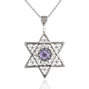 Collar con colgante de estrella de David en plata de ley y amatista, hecho a mano en filigrana, con estrella judía y cadena de 20 pulgadas.