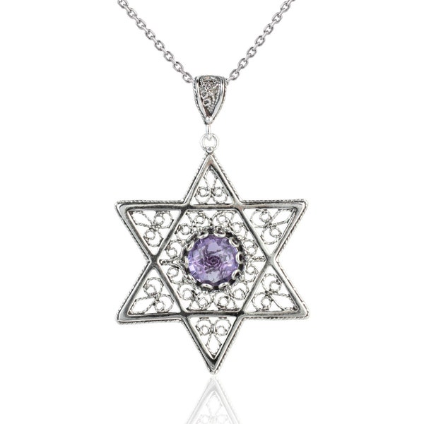Amethyst Sterling Silver Star of David Pendant Necklace Handcrafted Filigree Creation Jewish Star Pendant Necklace with 20 " Chain