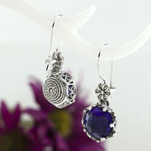 Amethyst Edelstein Sterling Silber Handgefertigte filigrane Kunst Damen zierliche Tropfenohrringe, Citrin, Blautopas, Alexandrit, Rubin-Lichtohrringe