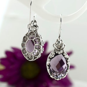 Amethyst Edelstein Sterling Silber Handmade Filigrane Kunst Frauen Oval Ohrringe, Citrin, Blautopas, Alexandrit, Rubin Krone Ohrringe