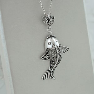 925 Sterling Silver Filigree Art Fish Pendant Necklace, Solid Silver Handmade Dolphin Charm Necklace, Silver Women Amulet Talisman Pendant