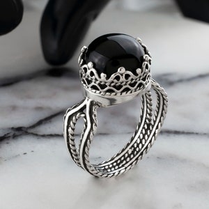 925 Sterling Silver Filigree Women Dainty Cocktail Ring, Black Onyx Gemstone Everyday Use Ring, Size 5-12.5, Gift Boxed