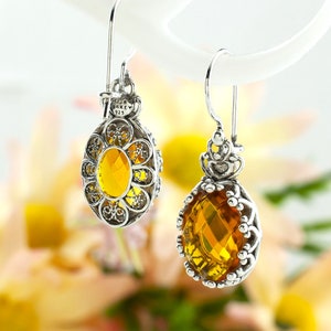 Citrin Edelstein Sterling Silber Handgefertigte filigrane Kunst Damen Ovale Tropfen Ohrringe, Amethyst, Blautopas, Alexandrit, Rubin Krone Ohrringe