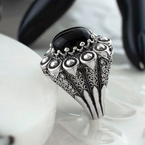 925 Sterling Silver Women Ring Black Onyx Gemstone, Filigree Art Designer Handcrafted Ring, Gift Boxed