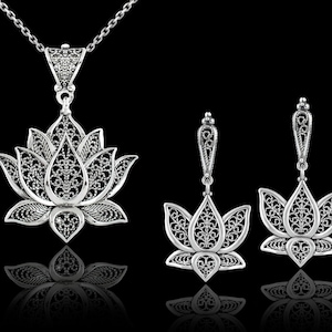 925 Sterling Silver Filigree Art Lotus Flower Women Pendant Necklace - Dangle Drop Earrings Jewelry Set, Handmade Solid Silver Jewelry Set