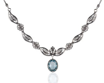Blue Topaz 925 Sterling Silver Filigree Necklace, Handcrafted Paisley Model Flower Detailed Filigree Style Charm Necklace