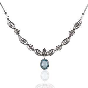 Blue Topaz 925 Sterling Silver Filigree Necklace, Handcrafted Paisley Model Flower Detailed Filigree Style Charm Necklace