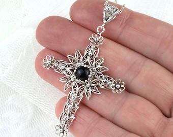925 Sterling Silver Black Onyx Gemstone Cross Pendant, Solid Silver Black Stone Cross Pendant Necklace, Handmade Dainty Filigree Pendant