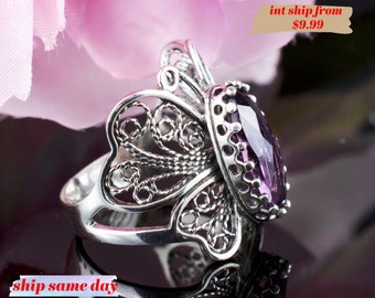 Amethyst Sterling Silver Butterfly Ring Handcrafted Filigree Art Women Cocktail Ring