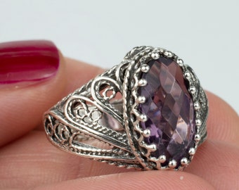 925 Sterling Silver Amethyst Gemstone Women Cocktail Ring, Solid Silver Handmade Filigree Ring, Angel Wings February Birthstone Gift Ring