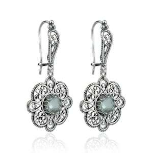 Prasiolite 925 Sterling Silver Flower Earrings Artisan Handcrafted Filigree Art Paisley Design Earrings Dangle Drop Earrings