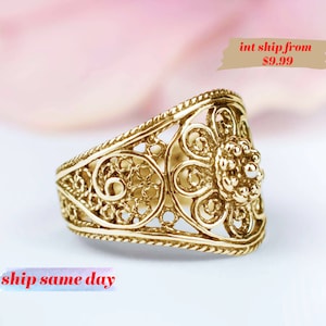 Gold Plated 925 Sterling Silver Women Cocktail Ring, Daisy Flower Lace Anniversary Ring, Handcrafted Filigree Art Women Statement Ring