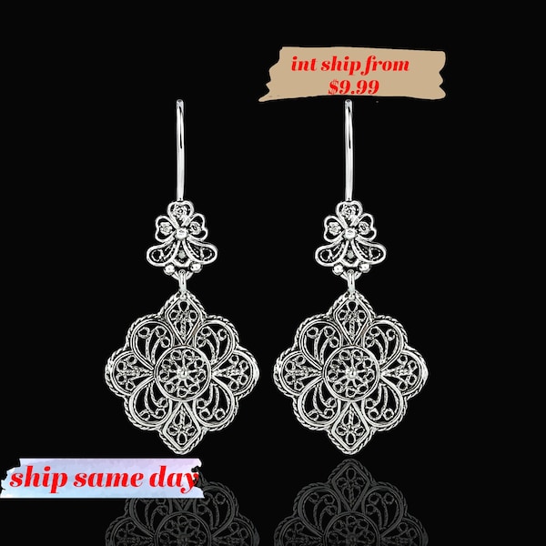 Gold Plated / 925 Sterling Silver Lace Detailed Earrings, Handmade Solid Silver Filigree Art Flower Dangle Drop Earrings for Women and Girls