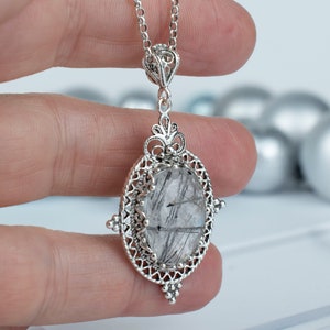 Schwarz Rutil 925 Sterling Silber Anhänger Halskette mit 20 &quot;-Kette für Frauen