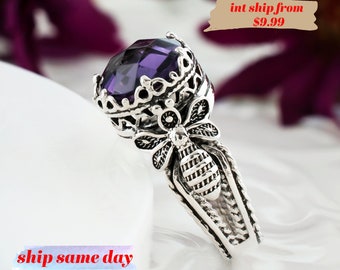 925 Sterling Silver Filigree Bee Detailed Women Cocktail Ring, Amethyst Gemstone Everyday Use Statement Ring, Size 5-12.5