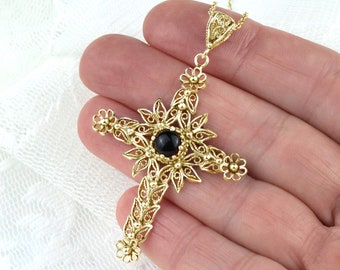 Black Onyx Gemstone Gold Plated 925 Sterling Silver Boho Cross Pendant, Handmade Solid Silver Christian Religious Filigree Pendant Necklace