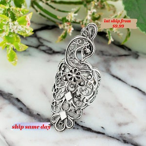 Sterling Silber Pfau Ring, Handwerker Handgefertigte Spitze Filigrane Kunst Frauen Cocktail Ring, Knöchel Silber Langer Ring