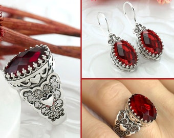 Women Silver Ring - Drop Earrings Set, Handcrafted Heart Figured Filigree Art Ring Earrings Jewelry Set, Amethyst, Blue Topaz, Ruby Ring