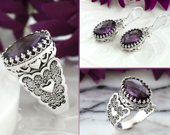 Women Silver Ring - Drop Earrings Set, Handcrafted Heart Figured Filigree Art Ring Earrings Jewelry Set, Amethyst, Blue Topaz, Ruby Ring