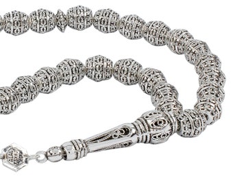 Sterlingzilveren tasbih, handgemaakte filigraankunst ovaal 33 kralen islamitische tasbih, vergulde zilveren zorgkralen, moslimgebed misbaha