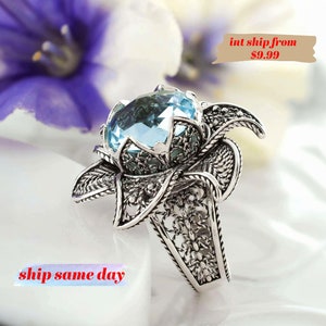 925 Sterling Silver Lotus Flower Women Statement Ring, Handcrafted Filigree Art Blue Topaz Gemstone Cocktail Ring, Silver Bold Ring