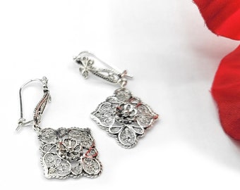 925 Sterling Silver Flower Earrings Artisan Handcrafted Filigree Art Flower Earrings Dangle Drop Earrings