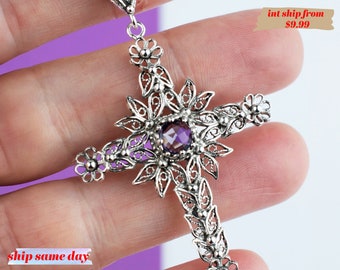 925 Sterling Silver Gemstone Boho Cross Pendant, Handmade Solid Silver Cross Pendant Necklace, Christian Religious Handmade Filigree Pendant