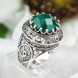 925 Sterling Silver Filigree Women Dome Ring with Green Agate Gemstone, Gift Boxed