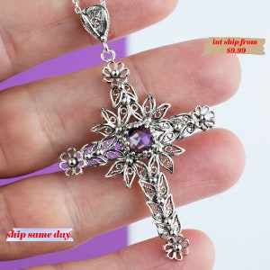 925 Sterling Silver Gemstone Boho Cross Pendant, Handmade Solid Silver Cross Pendant Necklace, Christian Religious Handmade Filigree Pendant