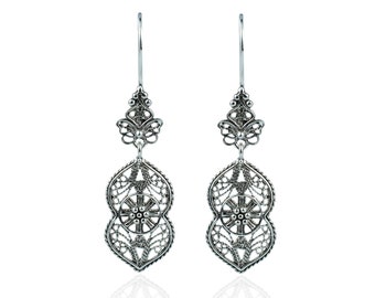 925 Sterling Silver Earrings Artisan Handcrafted Paisley Art Filigree Style Dangle Drop Earrings