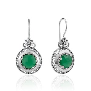 Sterling Silver Women Green Agate Drop Earrings, Filigree Art Handcrafted Carnelian Gemstone Women Earrings