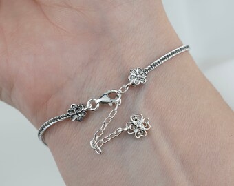 Silverly Bracciale Largo In Maglia Con Perline Fiore | Argento 925 Per Donna | 7,5 Pollici (19 Cm) | Regalo Con Panno Lucidante