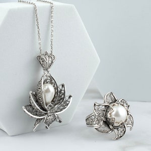 Pearl 925 Sterling Silver Filigree Art Lotus Flower Women Cocktail Ring - Pendant Necklace Jewelry Set, Handmade Solid Silver Jewelry Set image 5