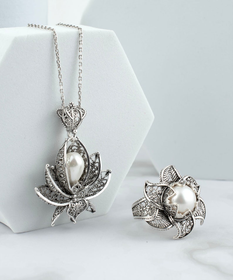 Pearl 925 Sterling Silver Filigree Art Lotus Flower Women Cocktail Ring - Pendant Necklace Jewelry Set, Handmade Solid Silver Jewelry Set image 5