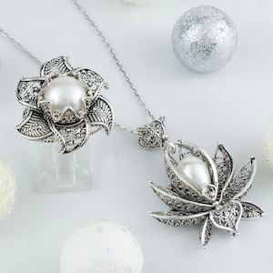 Pearl 925 Sterling Silver Filigree Art Lotus Flower Women Cocktail Ring - Pendant Necklace Jewelry Set, Handmade Solid Silver Jewelry Set image 7