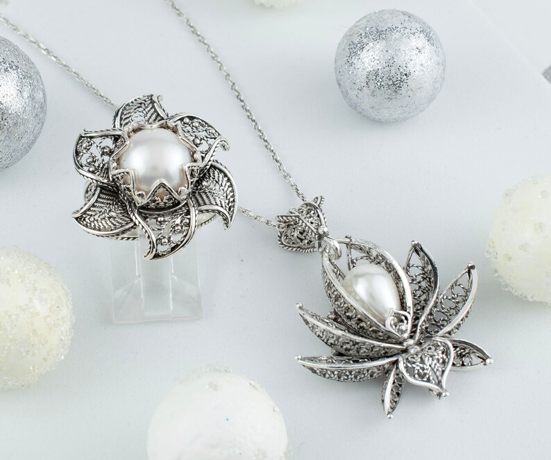 Pearl 925 Sterling Silver Filigree Art Lotus Flower Women Cocktail Ring - Pendant Necklace Jewelry Set, Handmade Solid Silver Jewelry Set image 7