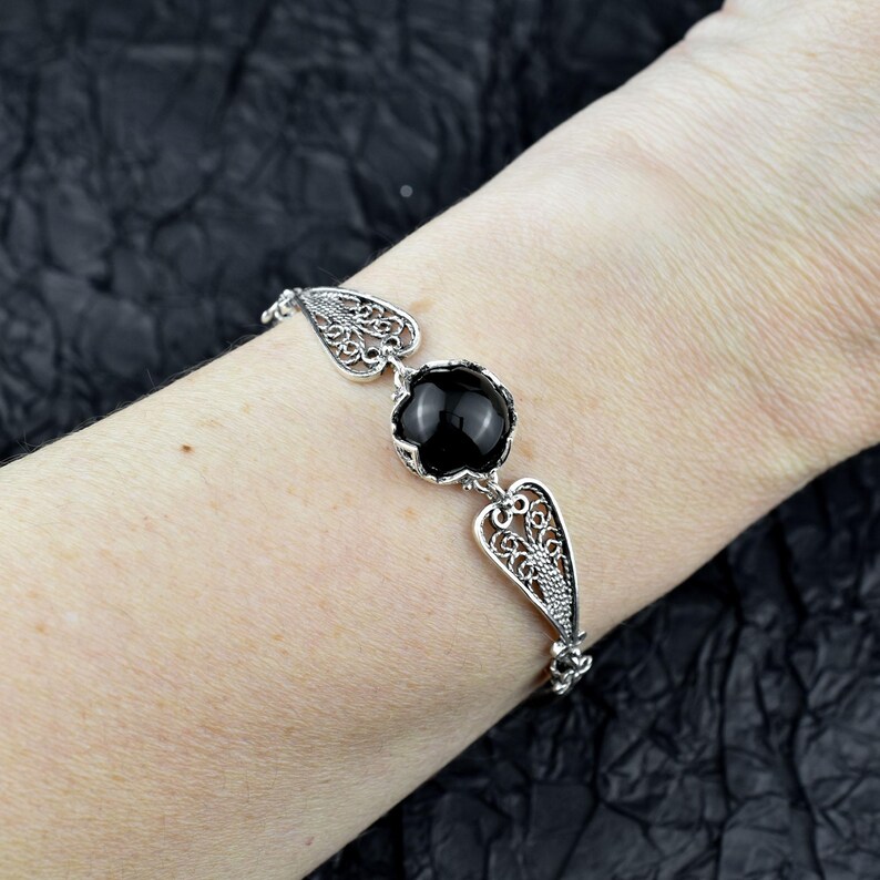 Black Onyx Silver Gothic Dark Aesthetic Bracelet, Unique Handmade Edgy Charm Bracelet Gift, Victorian Retro Women Statement Jewelry