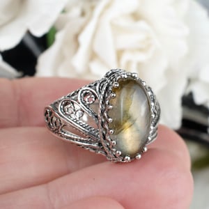 Labradorite Sterling Silver Cocktail Ring, Artisan Made Handcrafted Filigree Art Angel Wings Gray Moonstone Rose Quartz Women Statement Ring