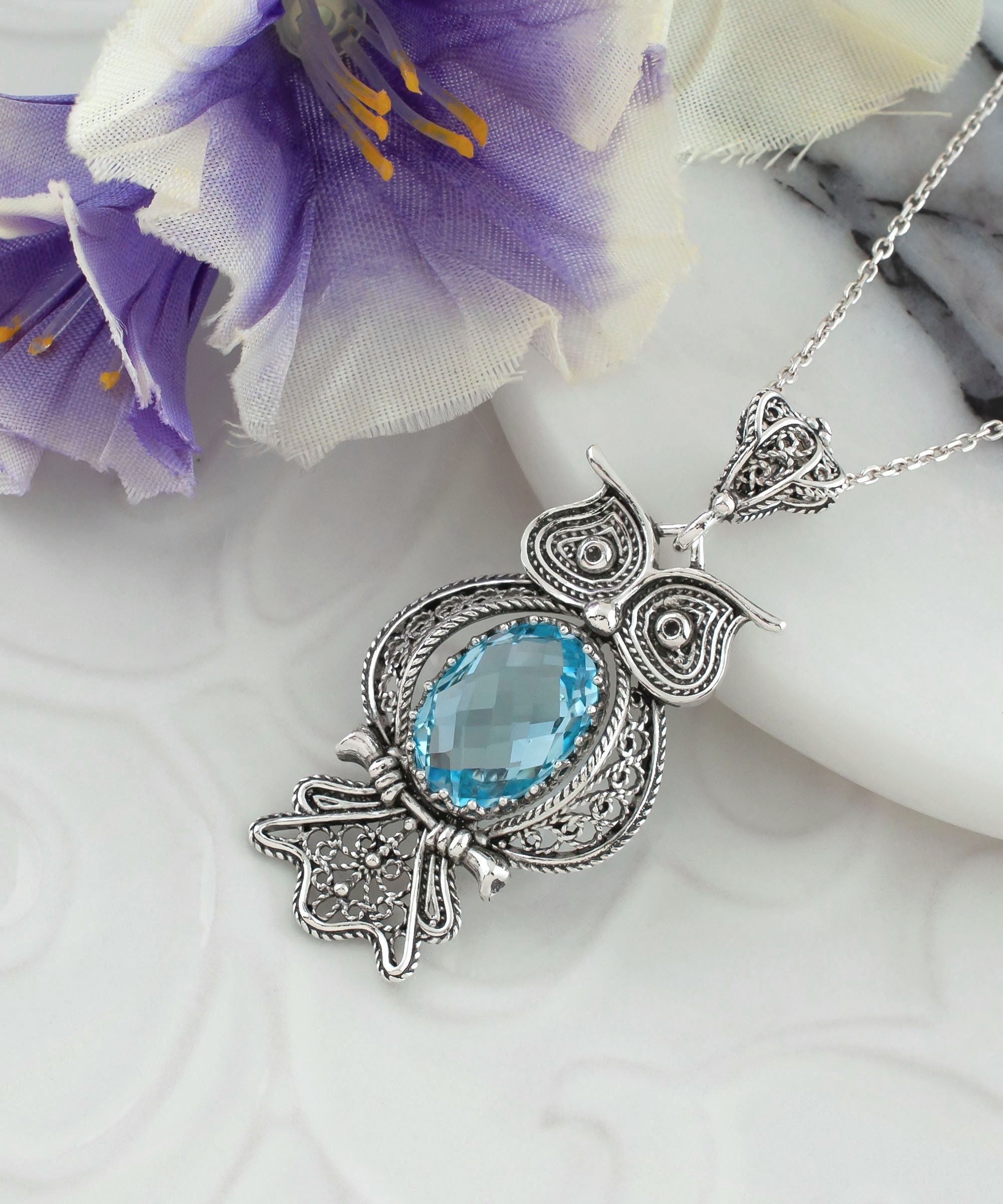 925 Sterling Silver Filigree Art Owl Blue Topaz Women Pendant Necklace, Handmade Solid Silver Owl Ch