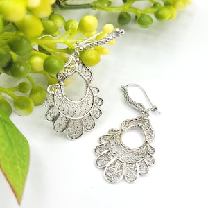 Sterling Silver Flower Earrings Artisan Handcrafted Filigree Art Flower Earrings Dangle Drop Earrings