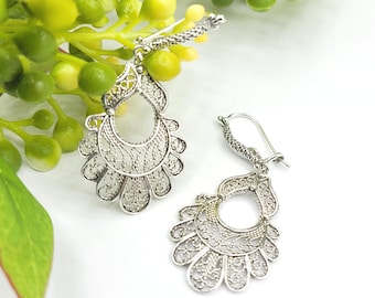 Sterling Silver Flower Earrings Artisan Handcrafted Filigree Art Flower Earrings Dangle Drop Earrings