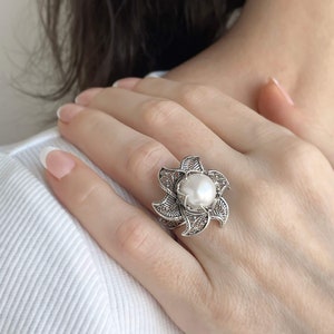 Pearl 925 Sterling Silver Filigree Art Lotus Flower Women Cocktail Ring - Pendant Necklace Jewelry Set, Handmade Solid Silver Jewelry Set image 9