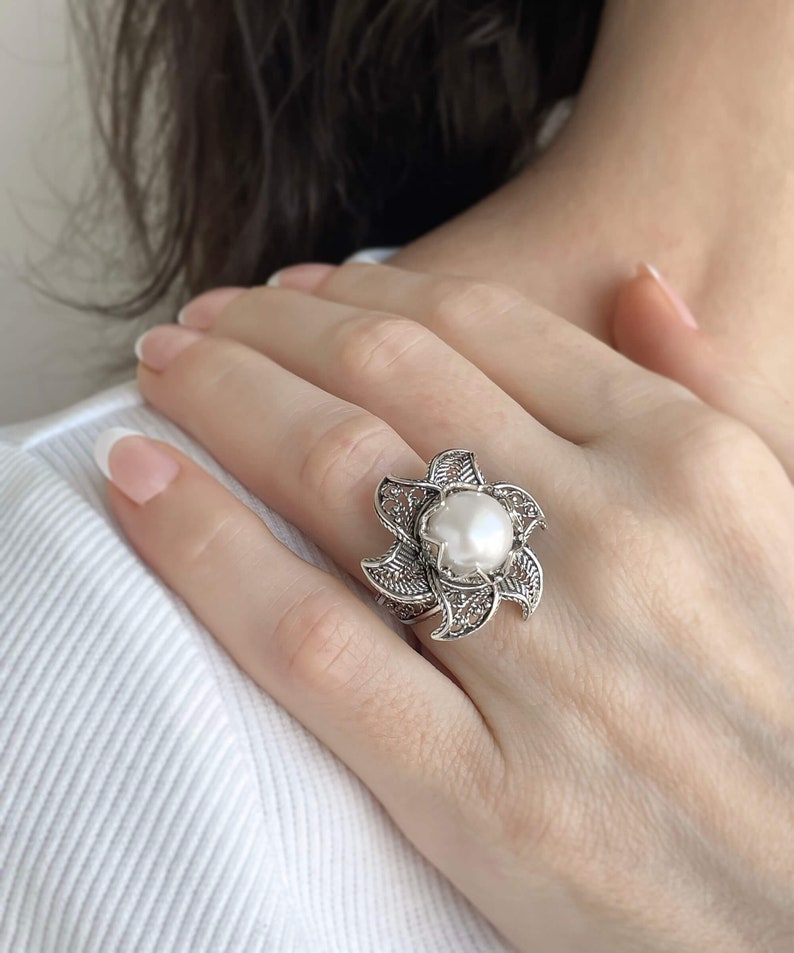 Pearl 925 Sterling Silver Filigree Art Lotus Flower Women Cocktail Ring - Pendant Necklace Jewelry Set, Handmade Solid Silver Jewelry Set image 9