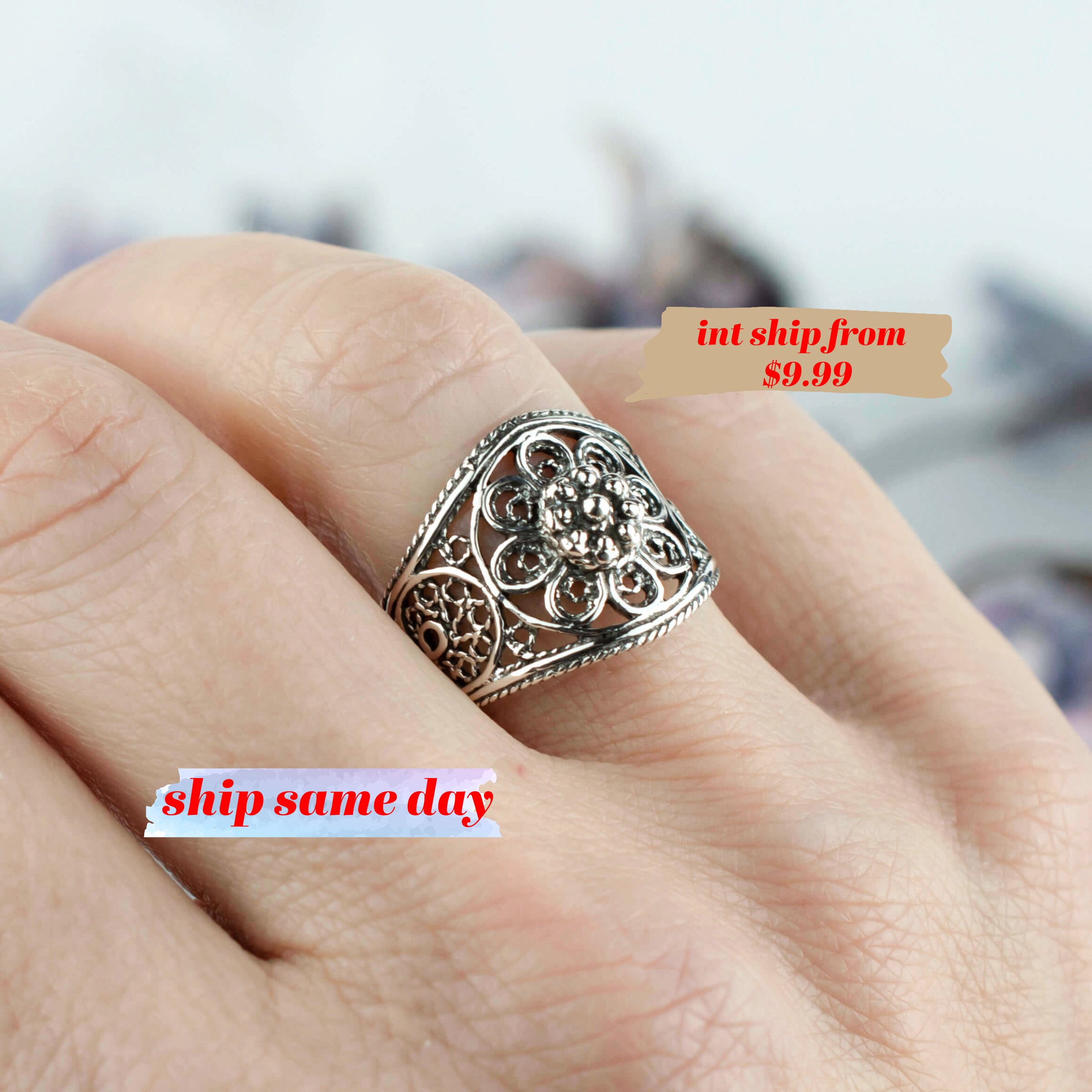 Sterling Silver Women Cocktail Ring, Flower Lace Anniversary Ring, Handcrafted Filigree Art Women Cocktail Ring