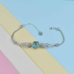 Blue Topaz Silver Gothic Dark Aesthetic Bracelet, Unique Handmade Edgy Charm Bracelet Gift, Victorian Retro Women Statement Jewelry
